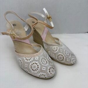 Vintage Coasters White Crochet Lace Espadrille Wedge Sandals Pink Trim 8.5